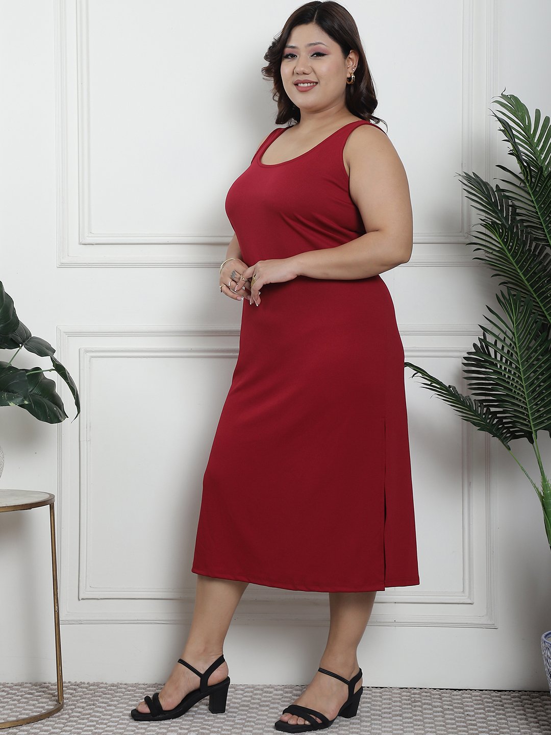 Sultry Slit Dress : Maroon Color