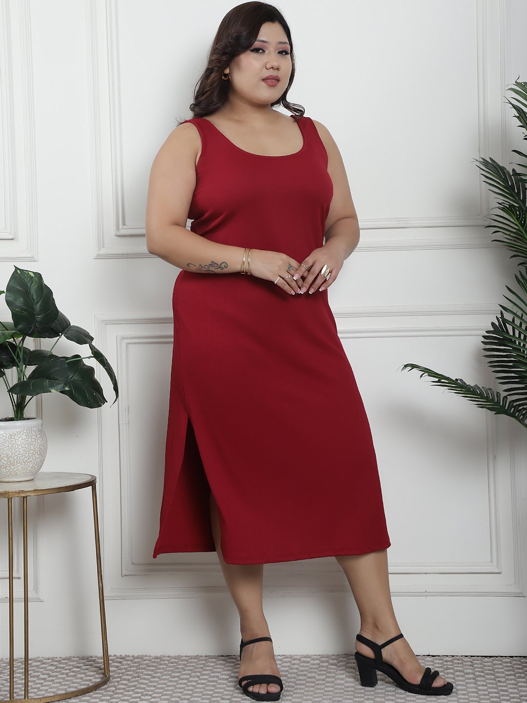 Sultry Slit Dress : Maroon Color